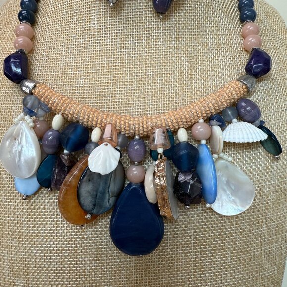 Chunky Beaded Necklace Hoop Earrings Set Gemstone Shell, Coastal, Beachy, Vacay - Picture 3 of 9